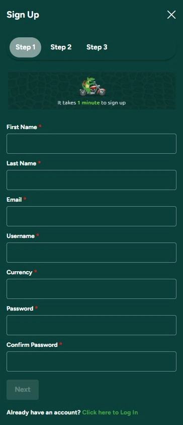 PlayCroco registration and account interface with no personal information shown