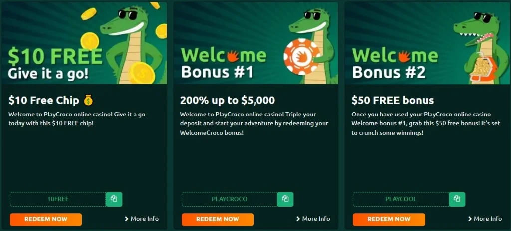 Current PlayCroco promotions page showing the welcome bonus and free-chip offer