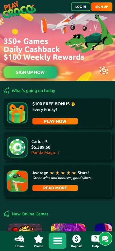 PlayCroco mobile-responsive homepage or game lobby shown in a phone-sized browser viewport