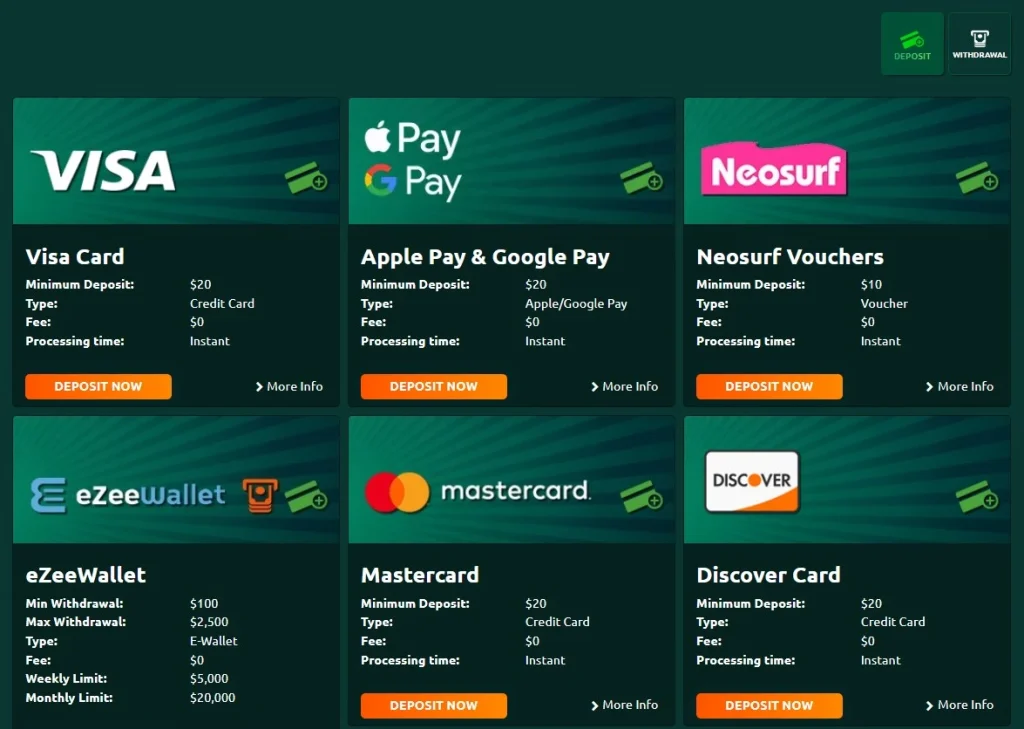 PlayCroco banking page showing deposit and withdrawal method choices