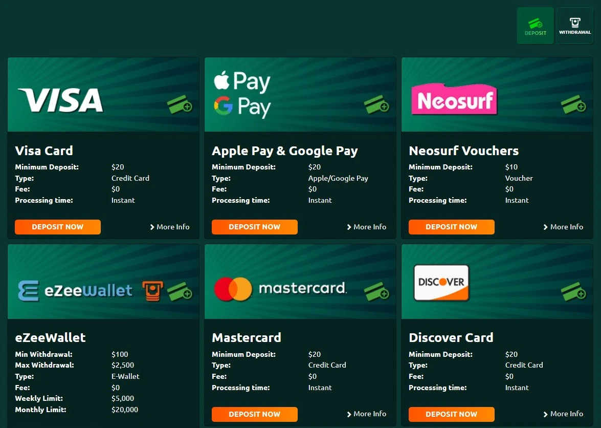 PlayCroco banking page showing deposit and withdrawal method choices