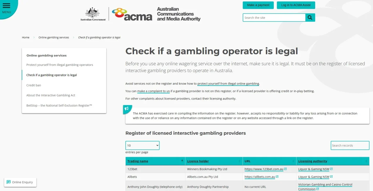 ACMA gambling legality guidance and licensed interactive wagering register used to check Australian regulatory status