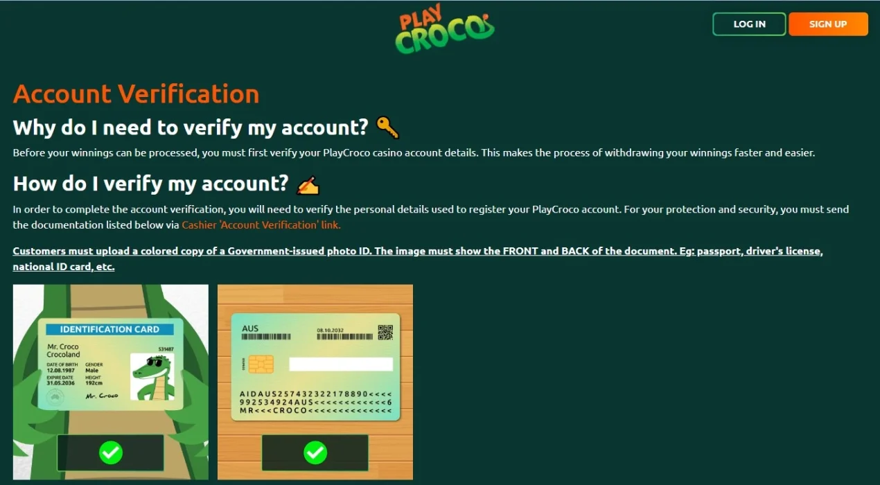 PlayCroco account verification requirements page showing document categories without personal data